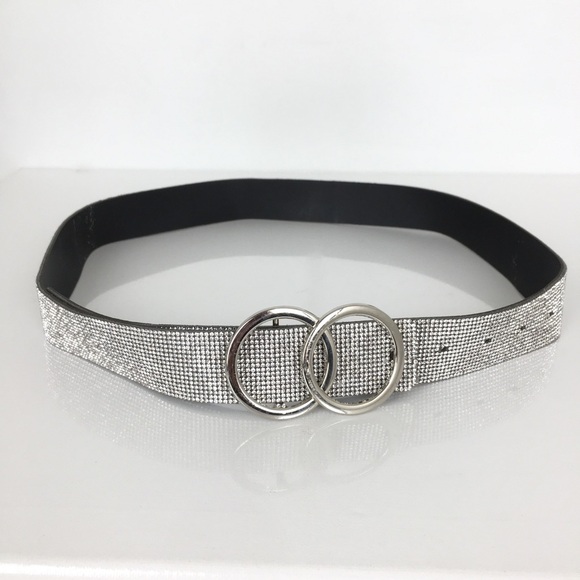 Faux Leather Rhinestone Studded Statement Belt Silver Double Circle Buckle Bling - Picture 8 of 11